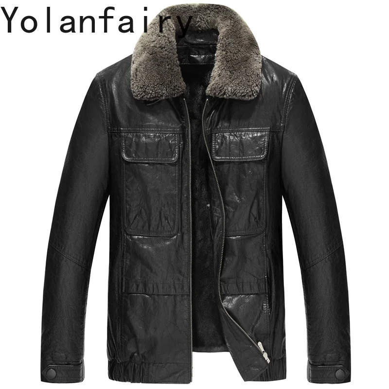 YOLANFAIRY Oil Wax Cowhide Genuine Leather Jacket Men 2025 Rabbit Fur Liner Coat Man Short 100% Real Cow Leather Jackets Abrigos