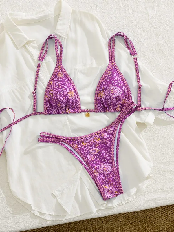 Neues Damen-Bikini-Set, rückenfrei, Badeanzug mit verstellbarem Seil, Raffhalter, dicken Trägern, blauem Blumendruck für Strand-Pool-Party ​