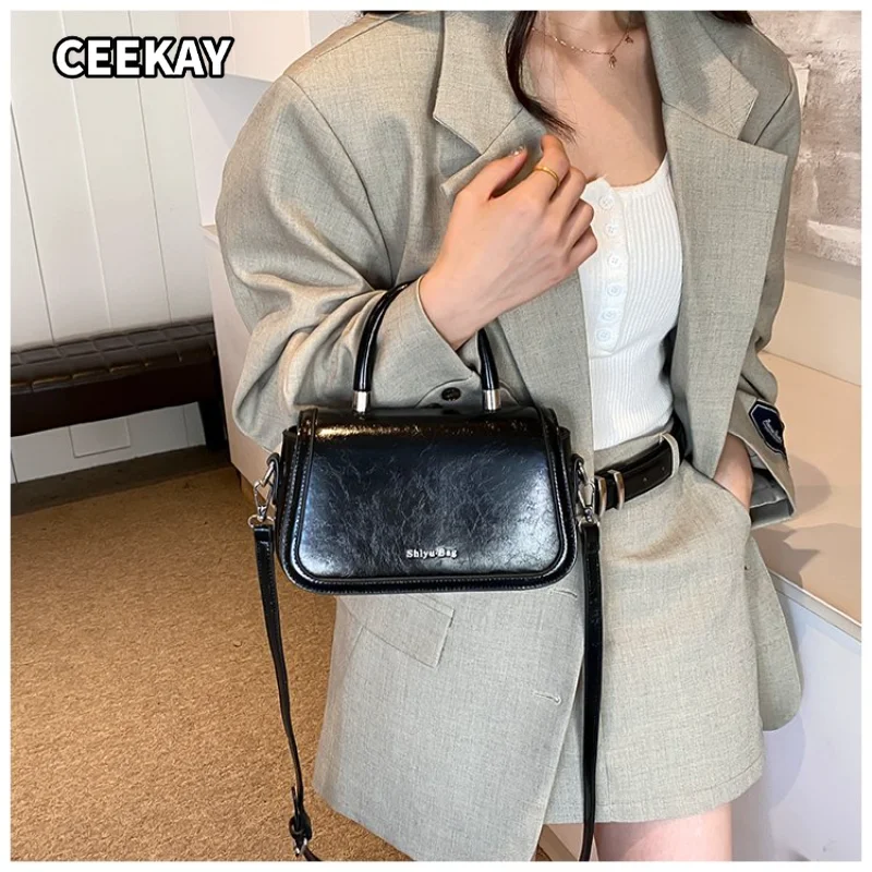 CEEKAY Women's Crossbody Bag Black Textured PU Leather Small Top Handle Bag Metal Detail Crossbody Strap Daily Commute Casual