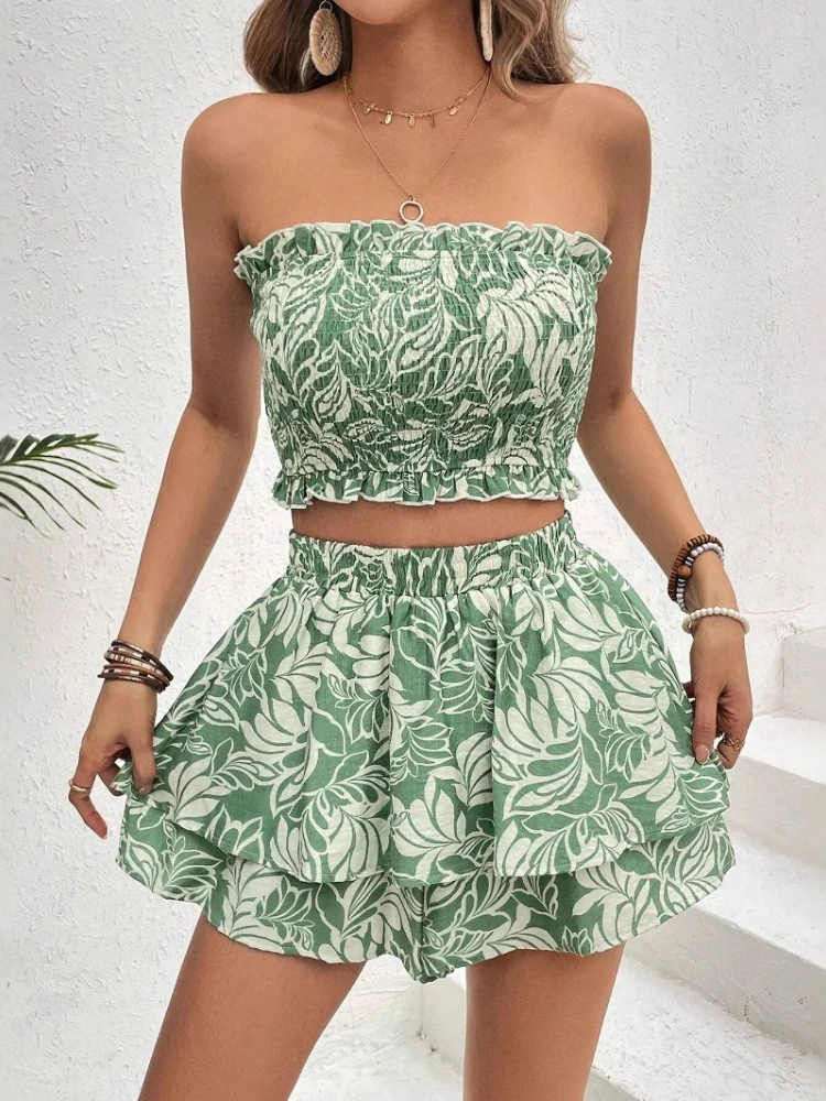 

New in Holiday Style Tube Top Casual Suit, Fashionable and Thin Temperament Style Suit Women's Summer Two-piece Set skirt sets