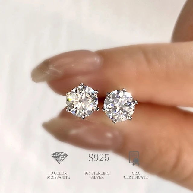 Kolczyki sztyfty z moissanitem o certyfikacie, kolor D, waga 0,1 ct - 2 ct, diament laboratoryjny, srebro próby 925 pozłacane, elegancka biżuteria ślubna.