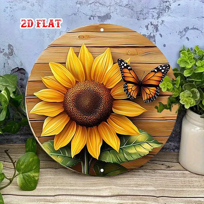 2D Flat, Yellow Bloom Round, Nature Scene Metal Sign, Butterfly Sunflower Metal Wall Decor, Wall Decor Signs for Home, Garage