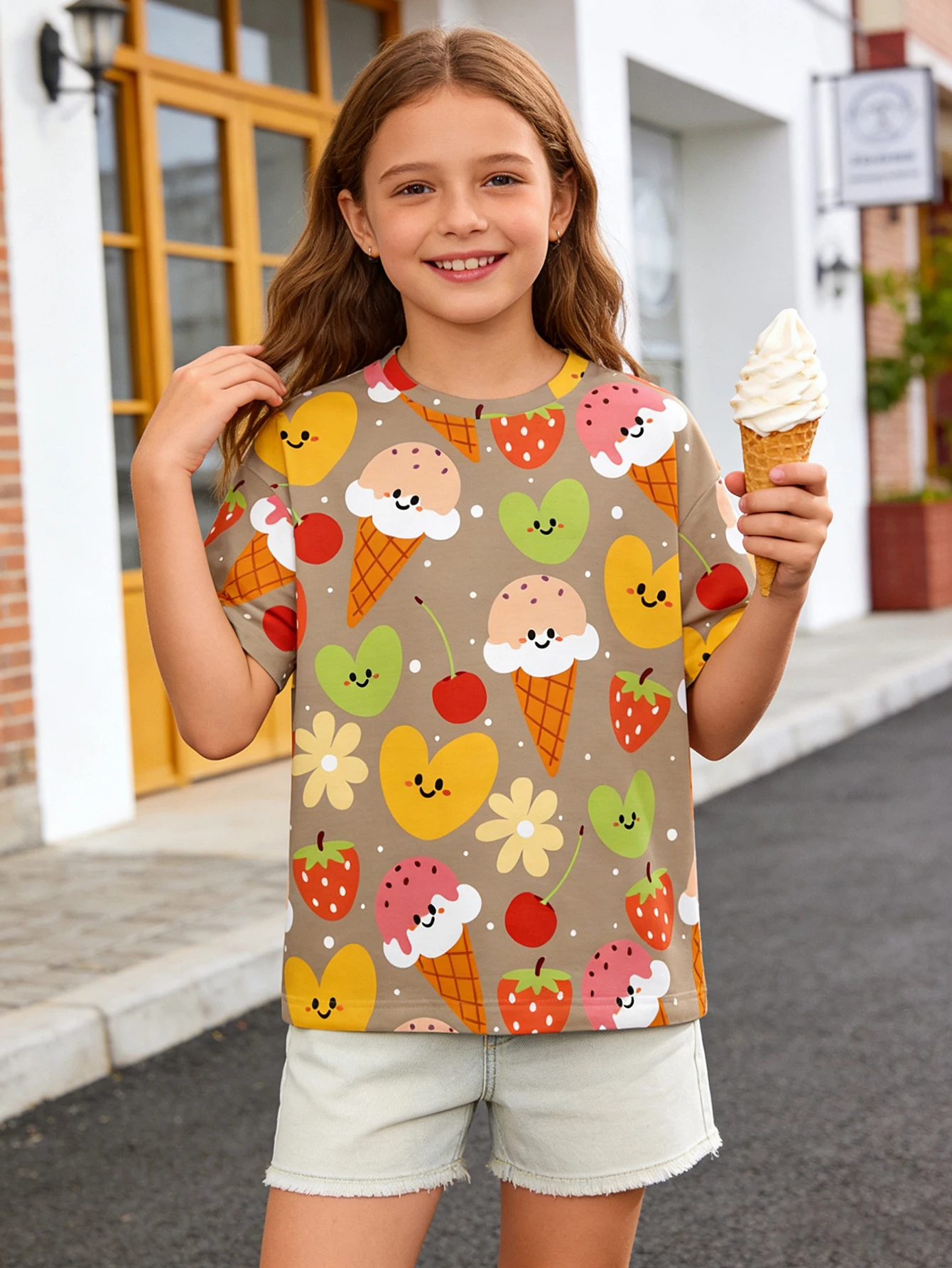2026 Girls' khaki bottom smiley face dessert short-sleeved T-shirt, middle-aged and older children's summer top