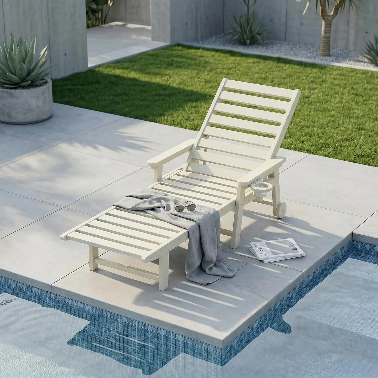 5-Position Adjustable HDPE Lounge Chair with Cup Holder & Wheels for Poolside Beach Deck, White, Customized