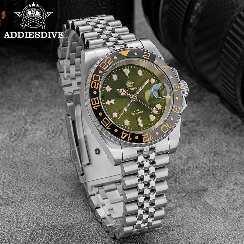 ADDIESDIVE GMT Quartz Watch For Men Classic Swiss Ronda 515-24H Watch Stainless Steel 200m Waterproof Clock New Reloj Hombre