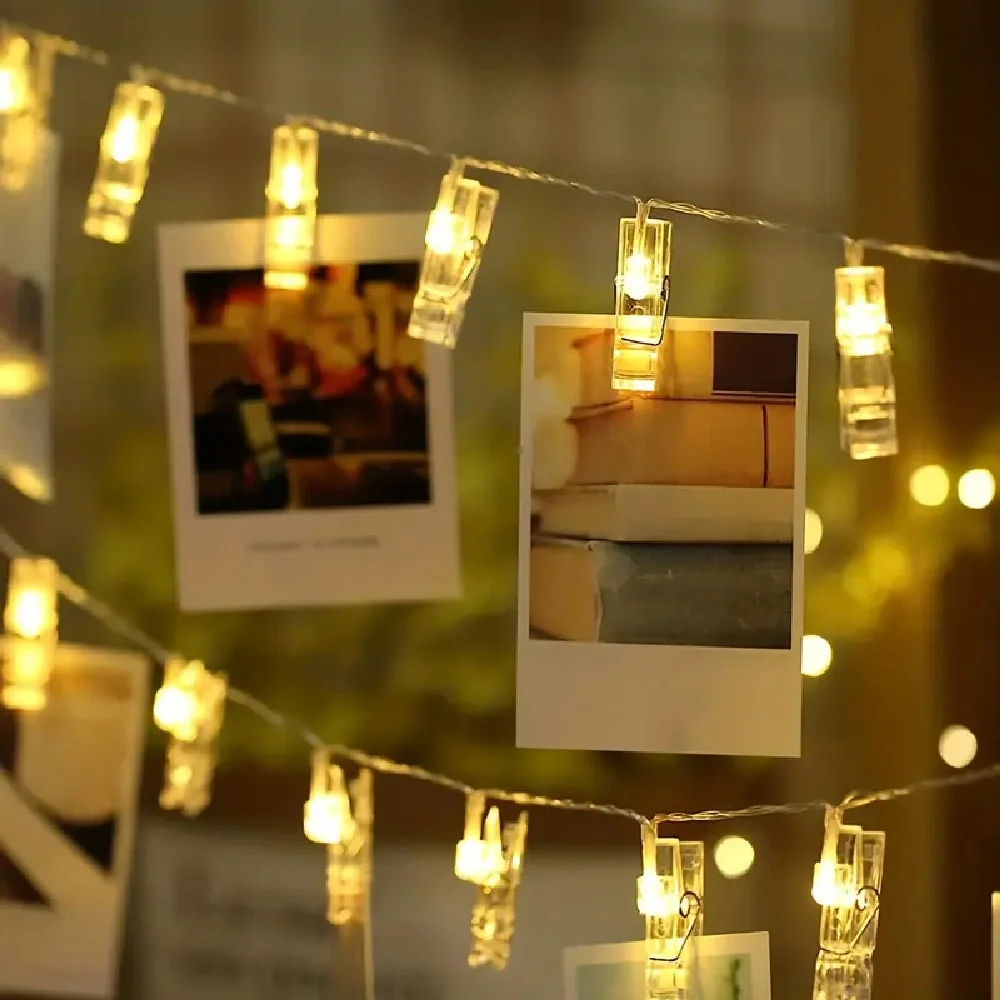 Cordas de luz com clipe para foto, luzes de fadas alimentadas por bateria, atmosfera de festival, luzes de decoração para loja, bar, quarto, festa, casamento