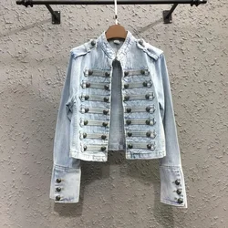 Heavy Punk Motorcycle Denim Jacket Short Coat Women's 2024 Spring Autumn New Stand-Up Collar Long-Sleeved Cowgirl Jackets Tops