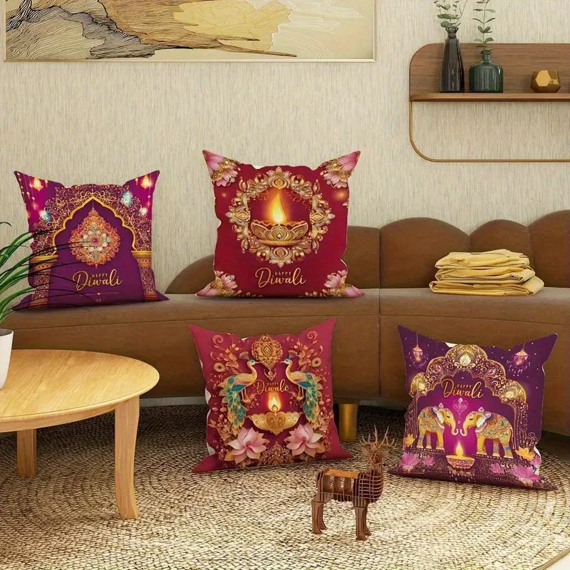 4pcs, 2D Flat Printing, Exquisite Pattern Pillow Covers, Light Up Festive Atmosphere, Single-Sided Print, Polyester Material