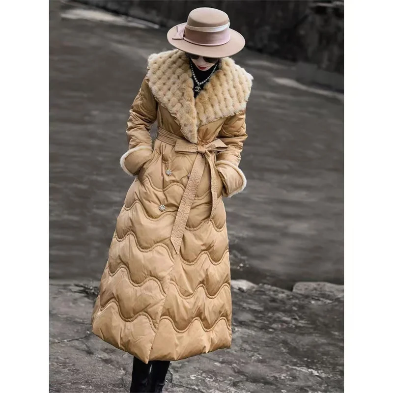 2024New Women's Sweater Collar Cotton-padded Winter Fashion Temperament Socialite Long Belt Waist Duck Down Down Jacket Coat Top