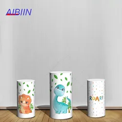 Cute Dinosaur Cylinder Backdrop Cover Green Leaf Palm Tree Baby Shower Birthday Party Decor Pedestal Background Cover