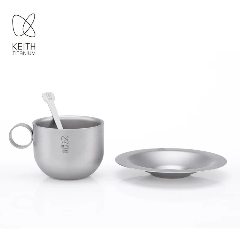 Keith Titanium 3 in 1 Pure Titanium Coffee Cup Set Double Wall Mug with Saucer & Spoon 150ml Ultralight Camping Tableware