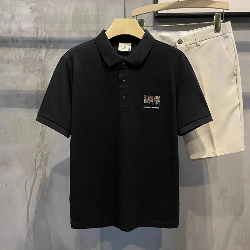 Men's 2 Piece Outfits Beige Polo Shirt with Printed Back Black Shorts Casual Summer Set