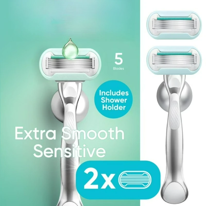 

Ручная бритва Deluxe Smooth Sensitive для женщин, 5 лезвий, ручка + 2 сменных лезвия, серебристая
