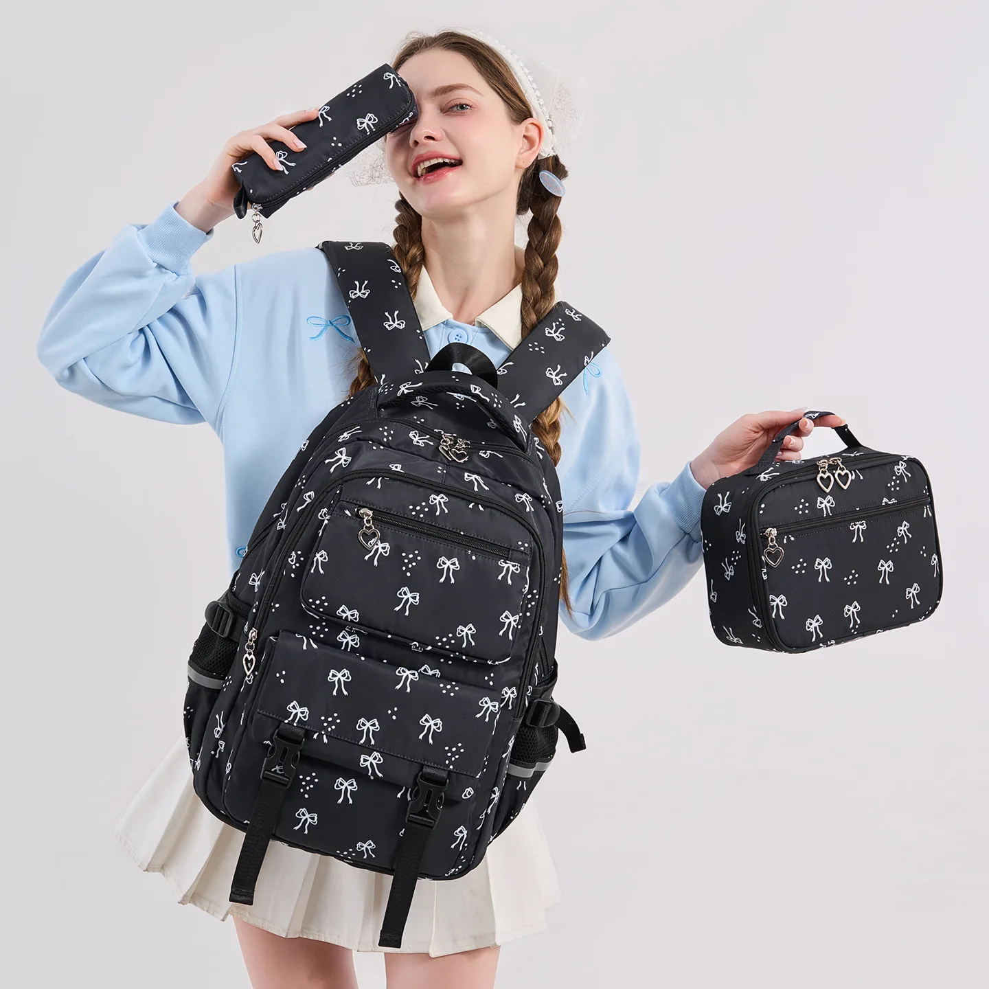 3 Pcs/Set Fashion Bow Print Women Fashion Backpack Lightweight Simple Student School Bag Adjustable Strap Travel Backpack