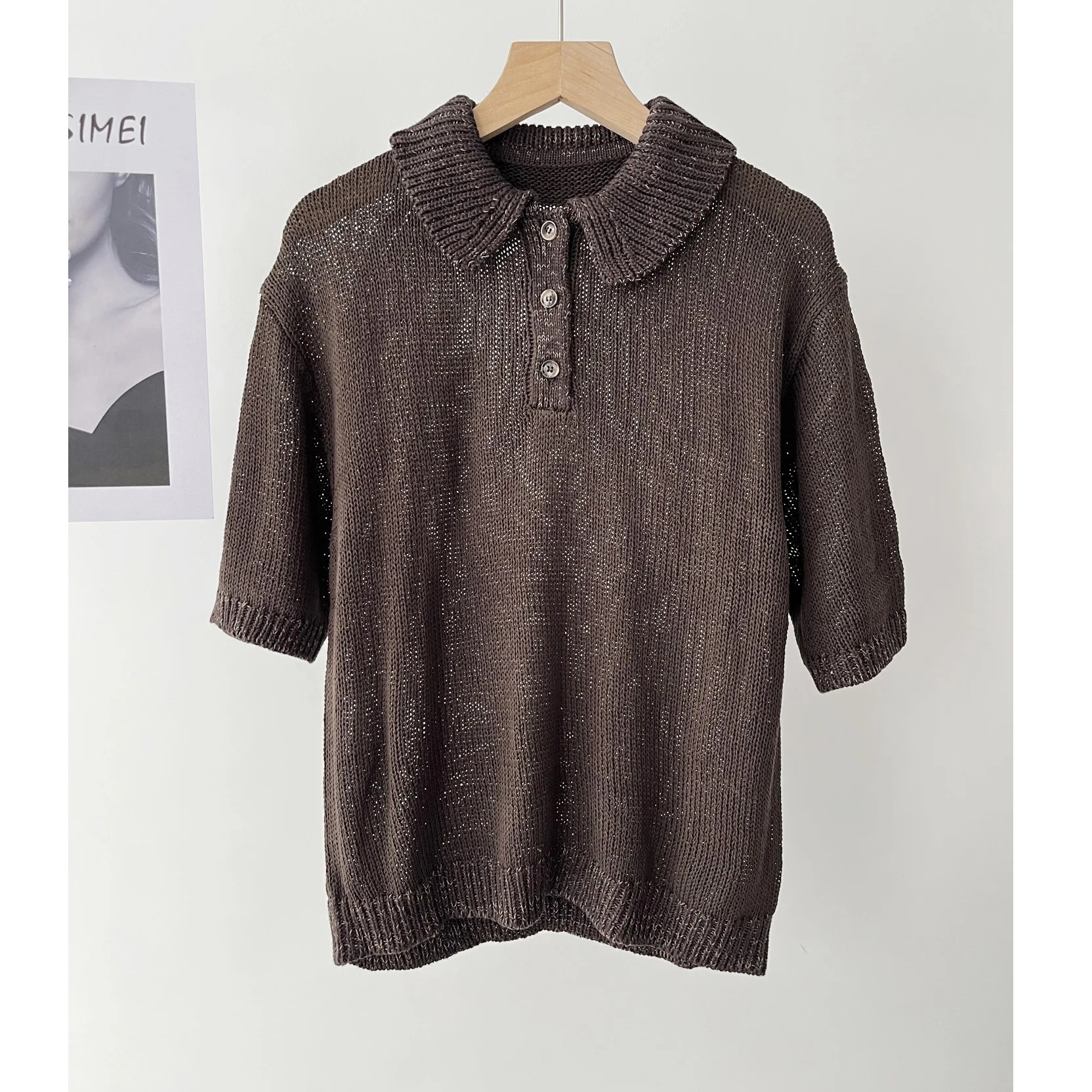 

Women's simple commuter wind slightly transparent hollow short-sleeved knitted polo shirt spring and summer 16a-5907