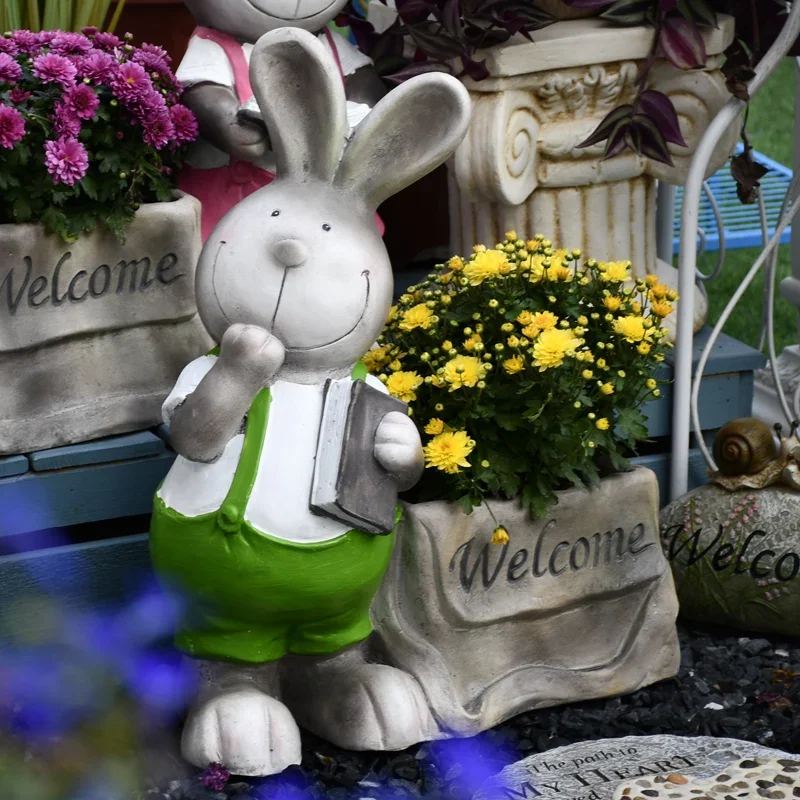 Cartoon Rabbit Book-Lover Planter Courtyard and Balcony Decorative Pot Resin Garden Statue Homestay Welcome Sign Ornament