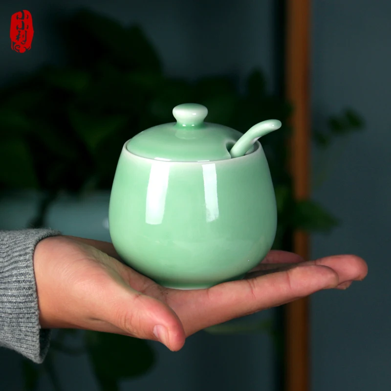 Банка для хранения, керамическая однотонная сумка подглазурного цвета, герметичная крышка, бутылка большой емкости с маленькой ложкой, бытовые кухонные принадлежности