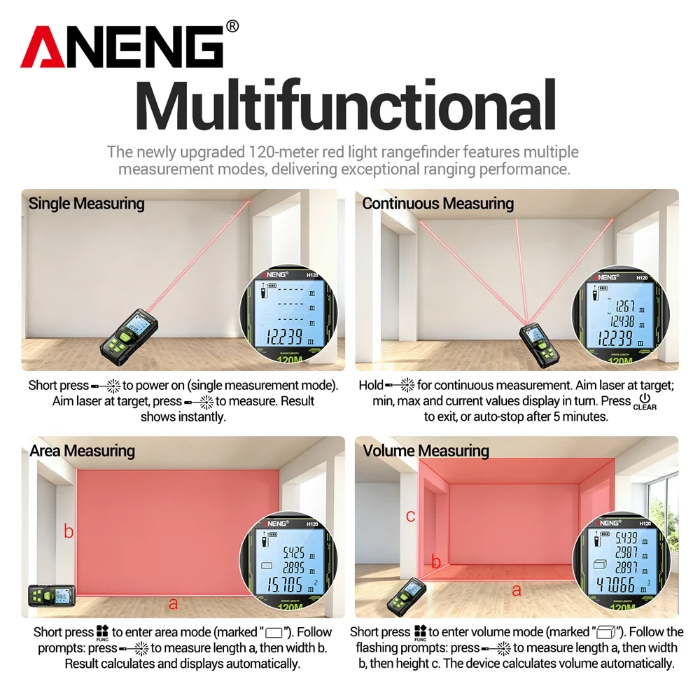 ANENG 120M Digital Laser Rangefinder Dual Spirit Level Area Volume Tester Smart High Precision ±3mm Portable Detection Tool H120