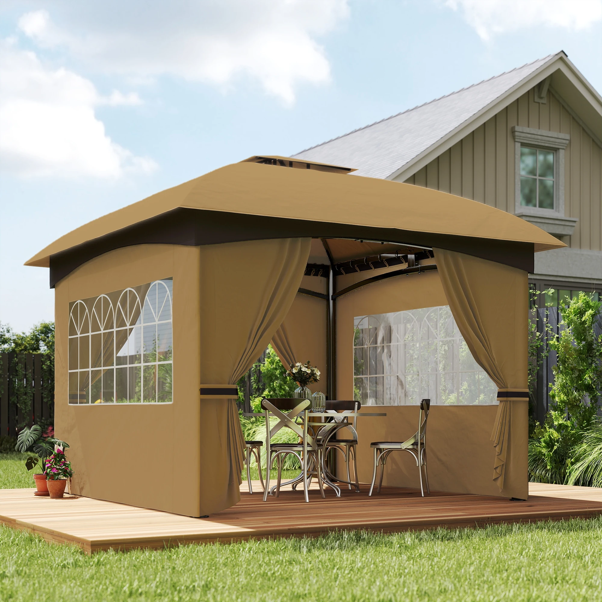 11' X 11' Outdoor Gazebo with Curtains, Church Windows, Beige