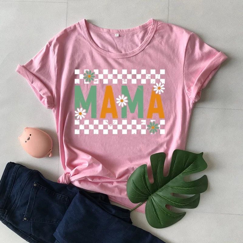 Black and White Distressed Checkerboard Letters Tshirt Mom Mama Mother Women 90s Cotton O Neck Shirt Short Sleeve Top Tees Girls