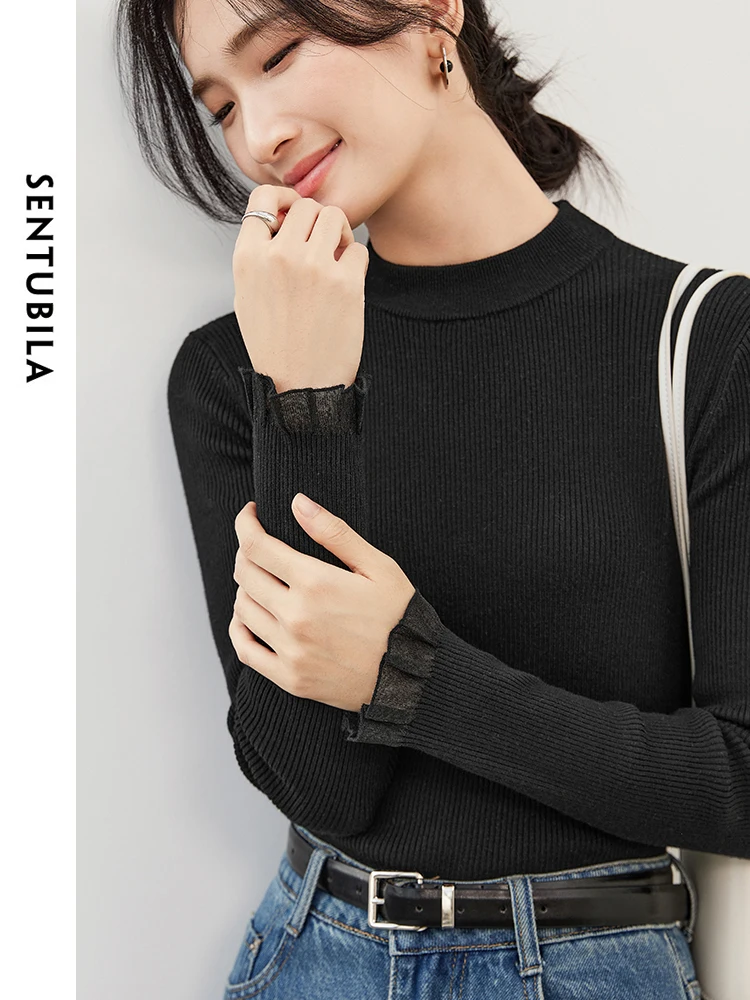 SENTUBILA Women Basics Wool Blend Knitted Sweater 2024 Autumn Winter Pullovers Long Sleeve Knit Tops Comfort Knitwear W43H56566