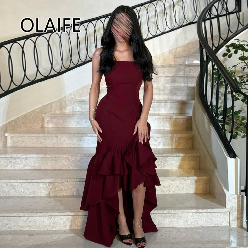 Bridesmaid Boat Collar Satin Ruffles Saudi Arab Dres Backelss Sheath Long Fromal Evening Gown Court Customized فساتين سهرة