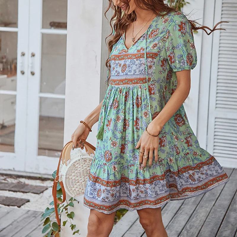 보헤미안 여성 여름 미니 드레스 섹시한 짧은 소매 Boho 비치 Sundress v 넥 캐주얼 루즈 빈티지 레이스 업 드레스 Vestidos