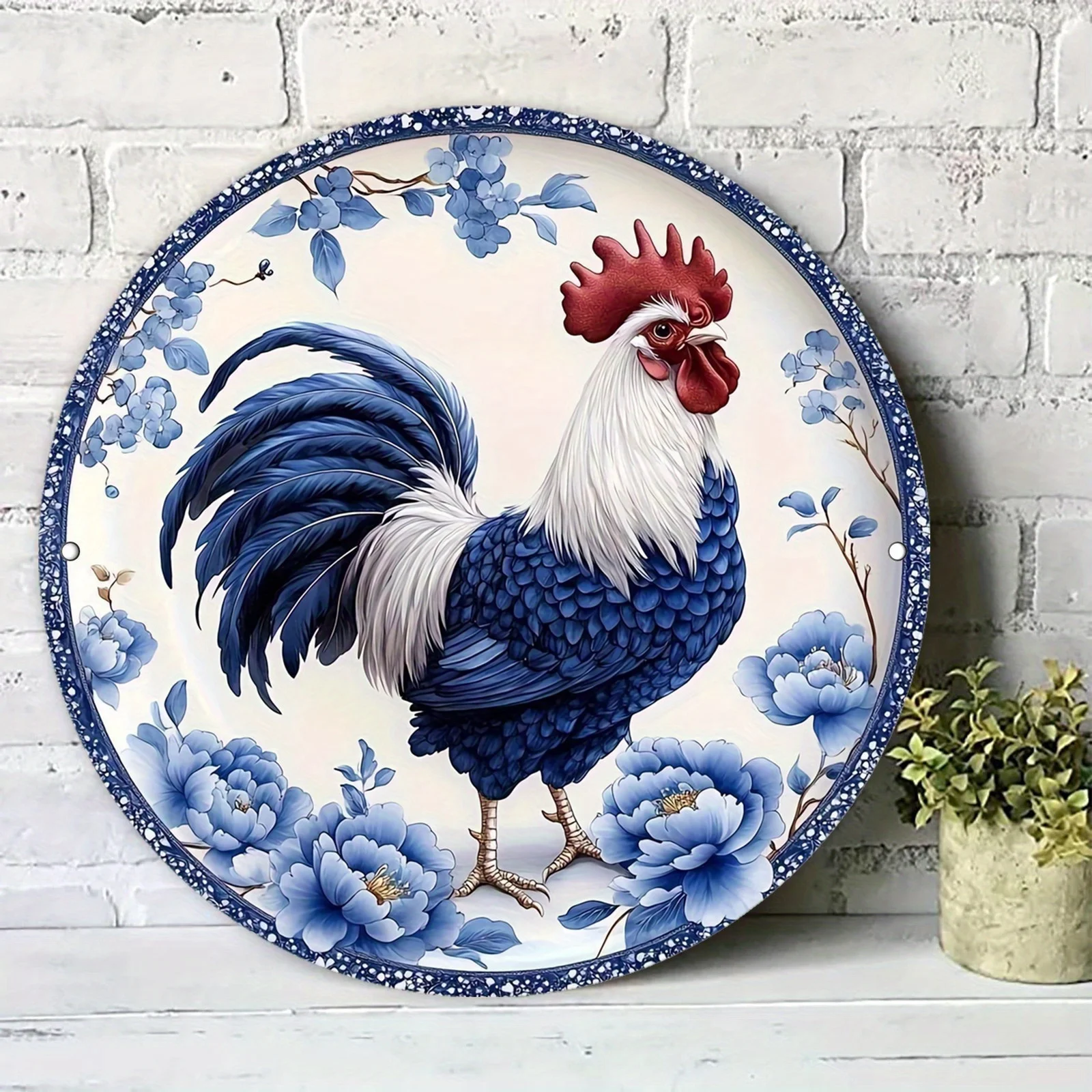 Custom Round Aluminum Metal Wall Sign Vintage Chinese Porcelain Chicken Flower Navy Frame Decor Plaque For Bar Office Easy Insta