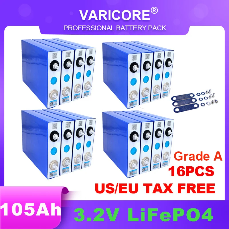 16pcs 3.2v 102Ah 105Ah Lifepo4 Battery Lithium Iron Phosphate for 12v Campers Golf Cart Off-Road Solar Wind Yacht Tax Free