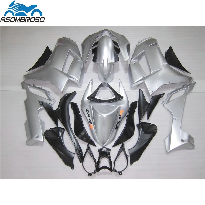 New Arrival Motorcycle parts for Kawasaki Ninja ZX6R fairing kit 2007 2008 silver black fairing set zx6r 08 08 GF15