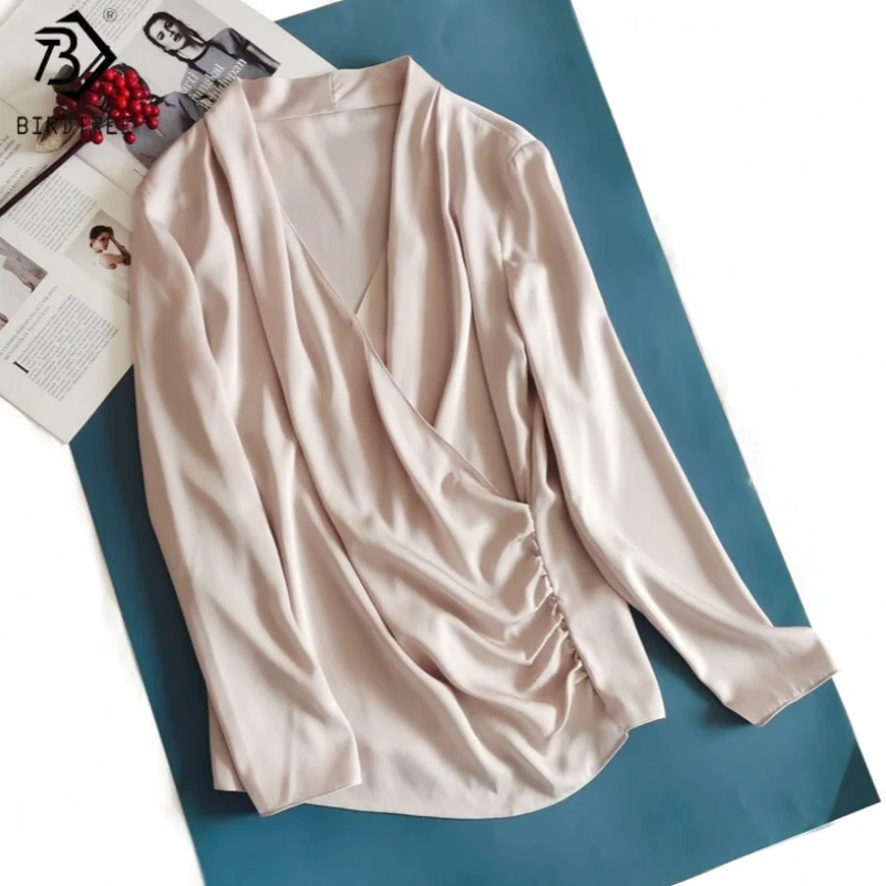 

Birdtree,19MM 92% Real Silk 8% Spandex Blouse,Women's Swinging Collar Solid Tops,Full Sleeve,Body-fit,2025 New Shirt T5D408JF