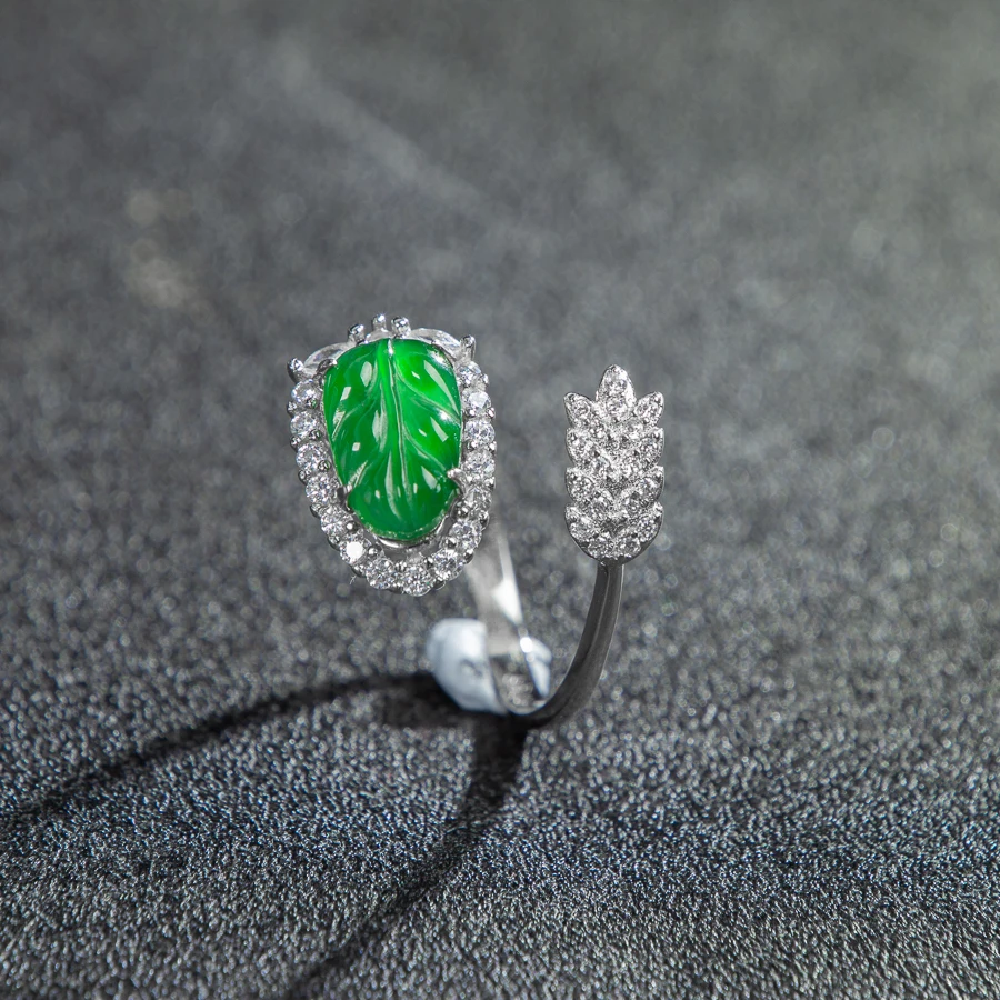 

TIMESWIND Women S925 Silver Natural A-type Jade Green Leaf Open Zircon Ring with Certificate