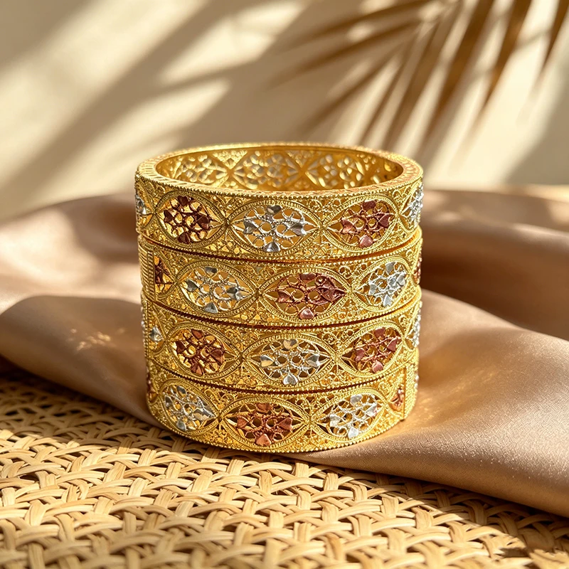 1/4Pcs Golden Filigree Bangle Set Three Tone Inlaid Bracelets Dubai Arab Indian Bridal Wedding Jewelry For Women