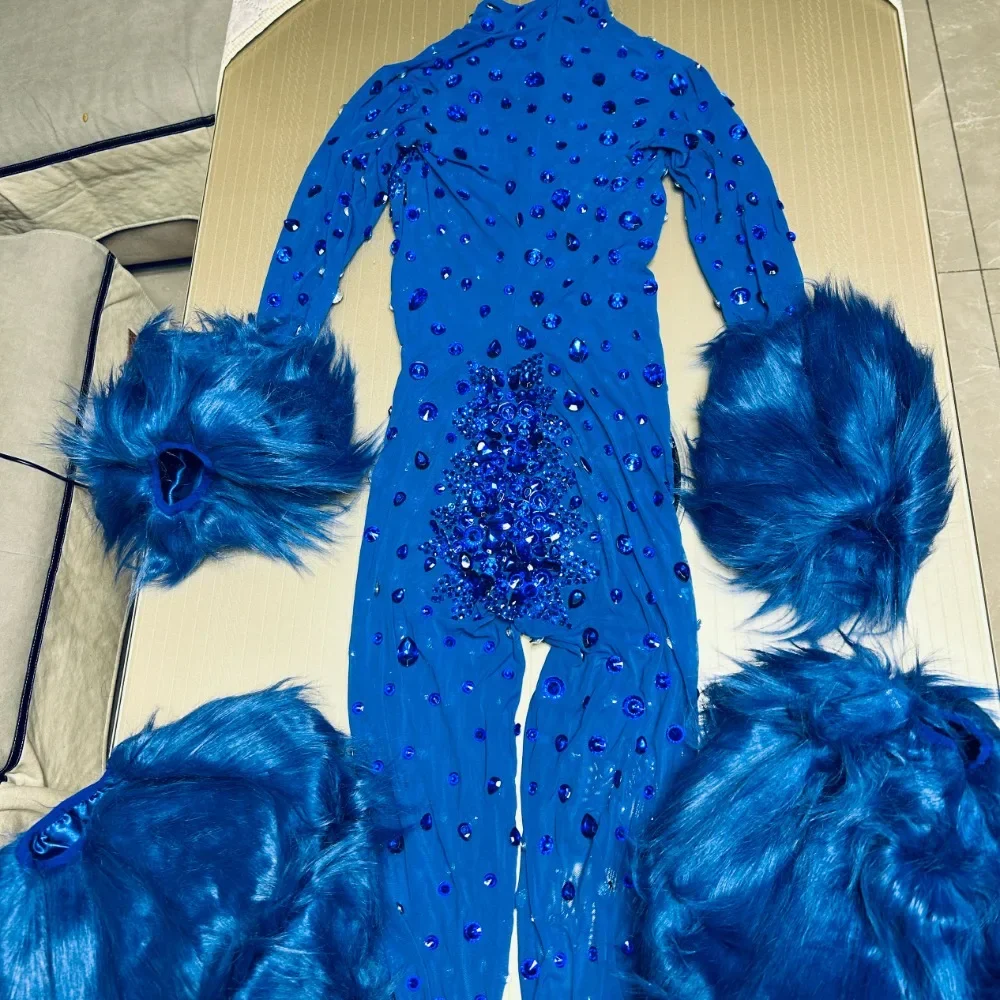 

Blue Lady Long Sleeved Jumpsuit Mesh Bodysuit Diamond Fur Sexy Red Slim Fit Party Round Neck Sparkly Rhinestones Women Birthday
