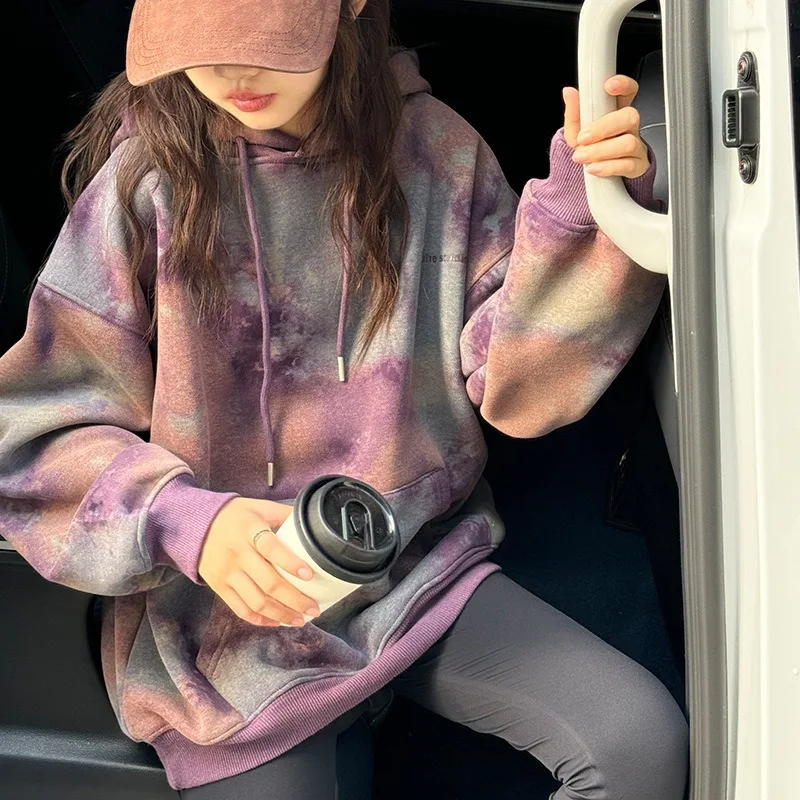 Girls Hoodies Autumn Winter 2025 Children's Thickened Sweater Warm Teenager Velvet Tops Tie-dye Baby Pullovers Toddler Outfits