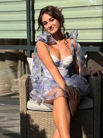 Chic Printed Mini Halter Dress A Line Mesh Lace Up Party Vestidos V Neck High Waist Club Robes Sweet Women Princess Dresses Gown - Image 6