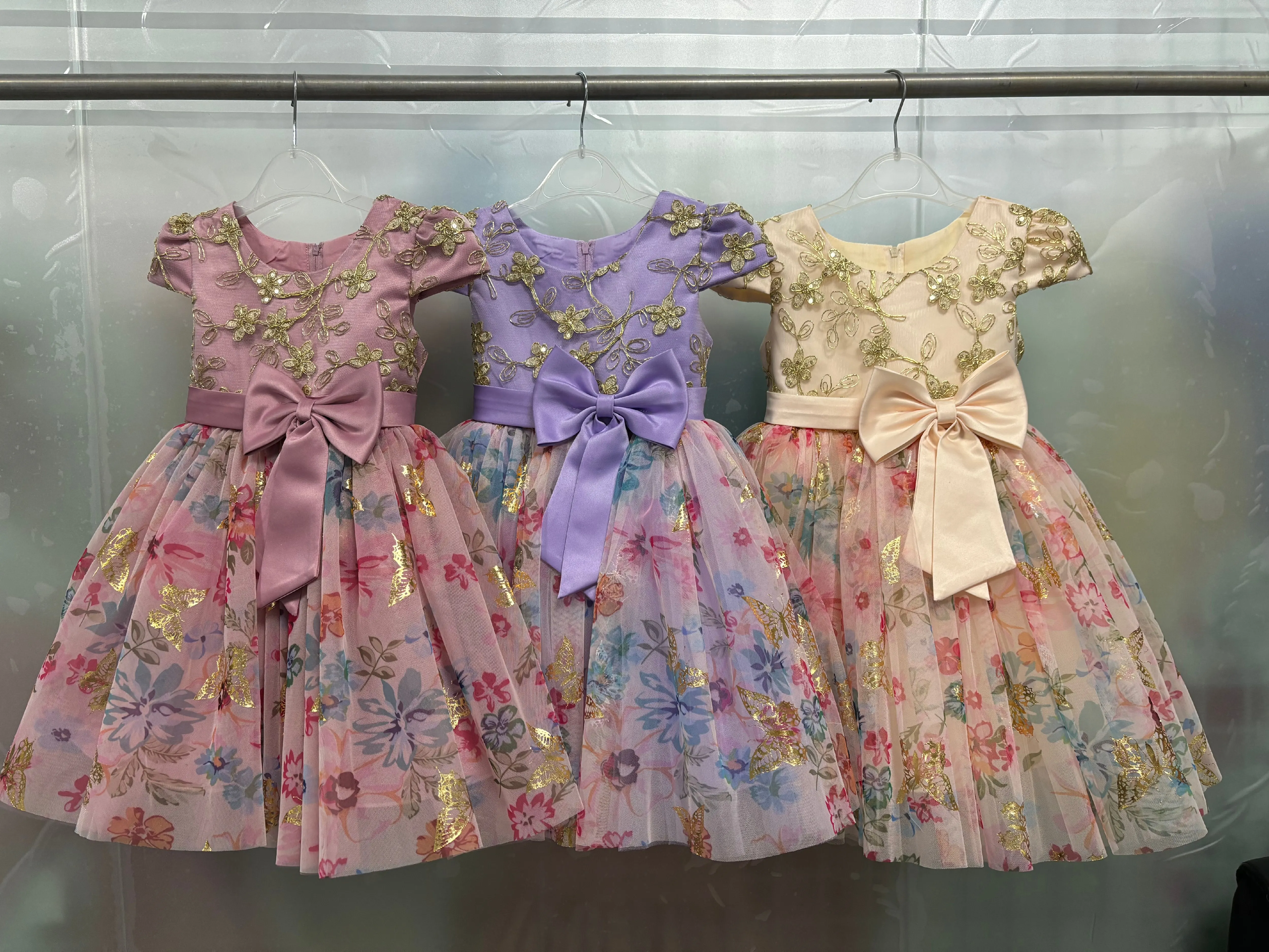 Girls' dresses, caps, sleeves, flower prints, waist dresses, children's bows, flower girl birthday costumes party dresses flower