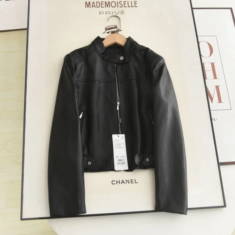 

Casual Sle Biker ort Jaet Women's Bla Leather Zipper Stand Collar Coat Waterproof Loose Fit Fem Autumn 2025