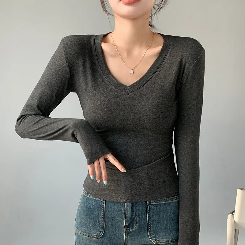 Essential V-Ausschnitt Damen Slim Fit Top Einfarbig Langarm Unterziehshirt Dehnbar Gemütlich Vielseitig Herbst Winter T-Shirt – Detail 10