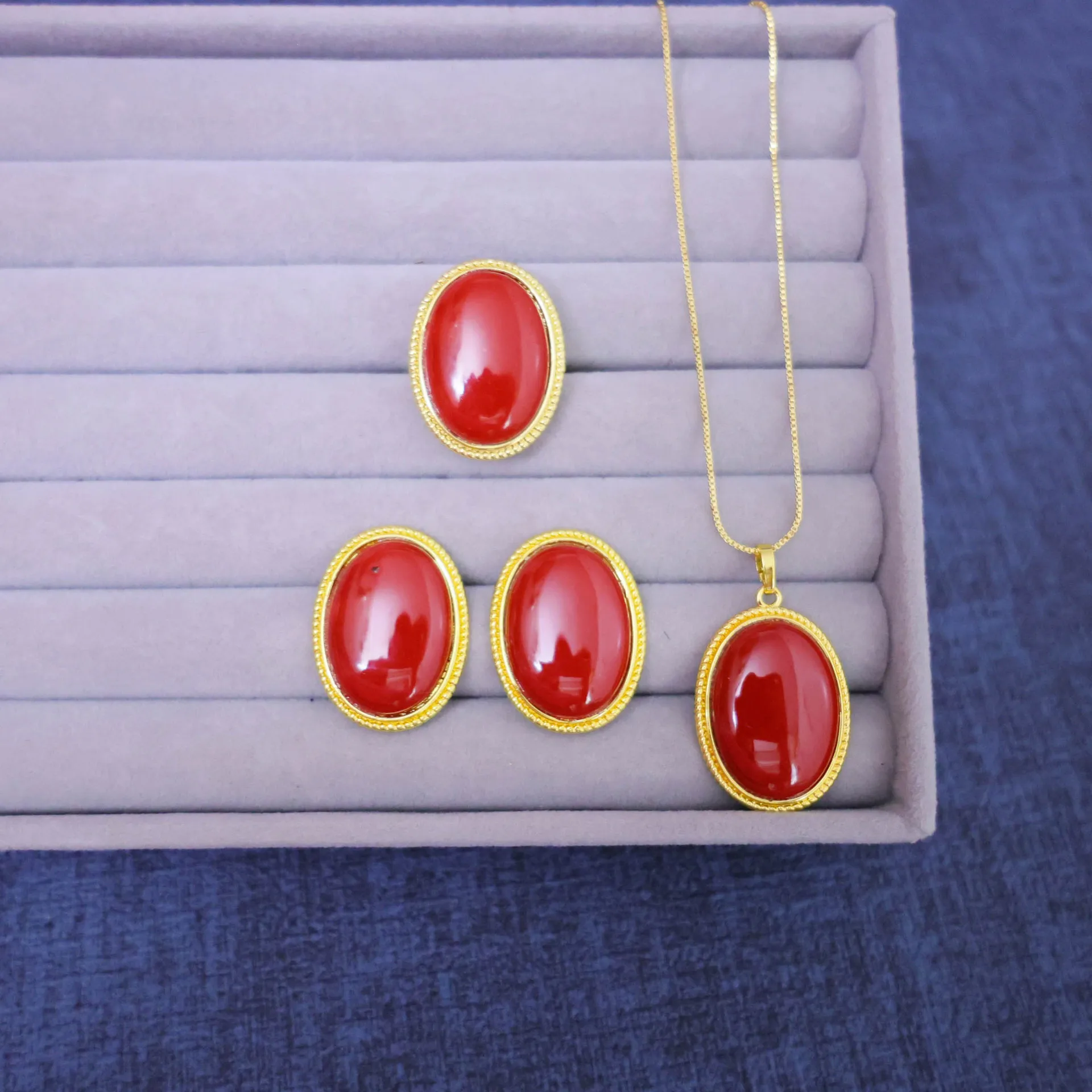 

Xizang Jewelry Tibetan Jewelry Ethnic Jewelry Turquoise Set Natural Semi-Precious Stone Three-piece Set Color Retaining Electrop