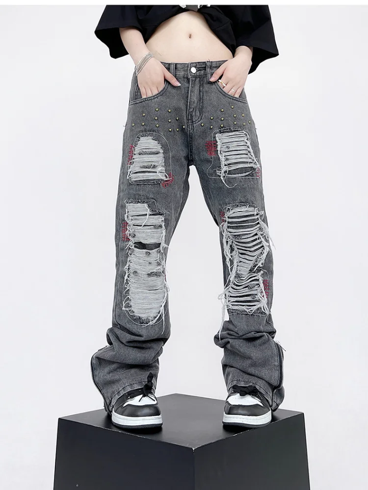 Destroy Ripped Holes Patchwork Denim Jeans Men Unisex Casual Rivet Bottom Zipper Trousers Jeans Streetwear Hip Hop Pants Joggers