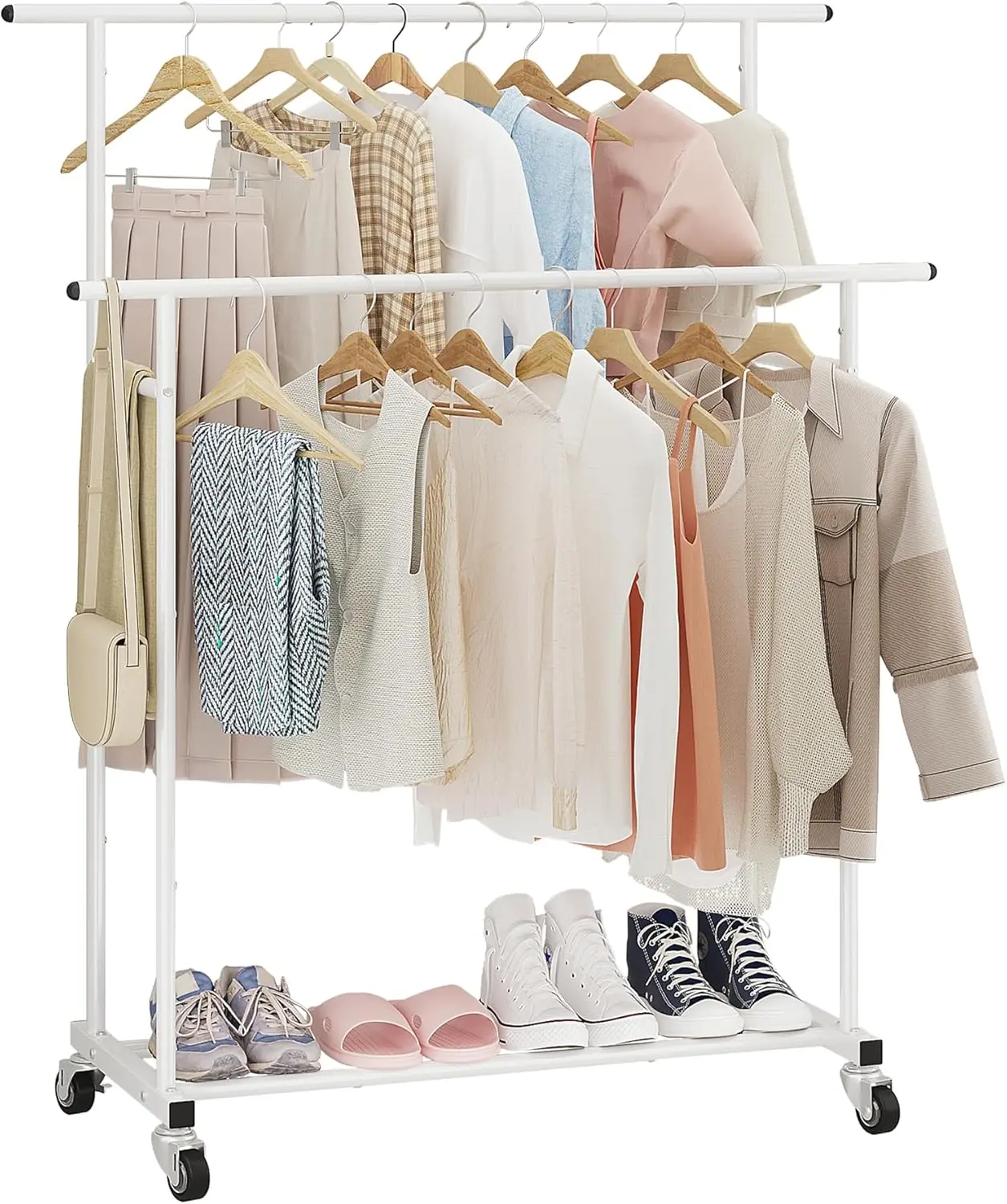 

Double Rod Clothing Garment Rack,Rolling Hanging Clothes Rack,Portable Clothes Organizer for Bedroom,Living Room,Clothing Sto