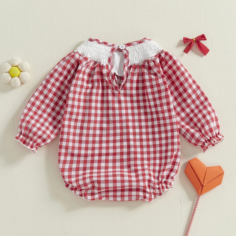 

Infant Girls Jumpsuit Stylish Long Sleeve Plaid Embroidered Bodysuit for Everyday Wear and Playful Adventures