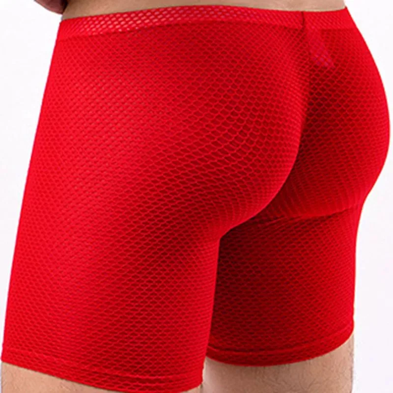 Sexy Boxer Shorts Men Mesh Shorts Long Leg Underpants Male U Convex Pouch Breathable Panties Fitness Lengthen Short Pants Cueca