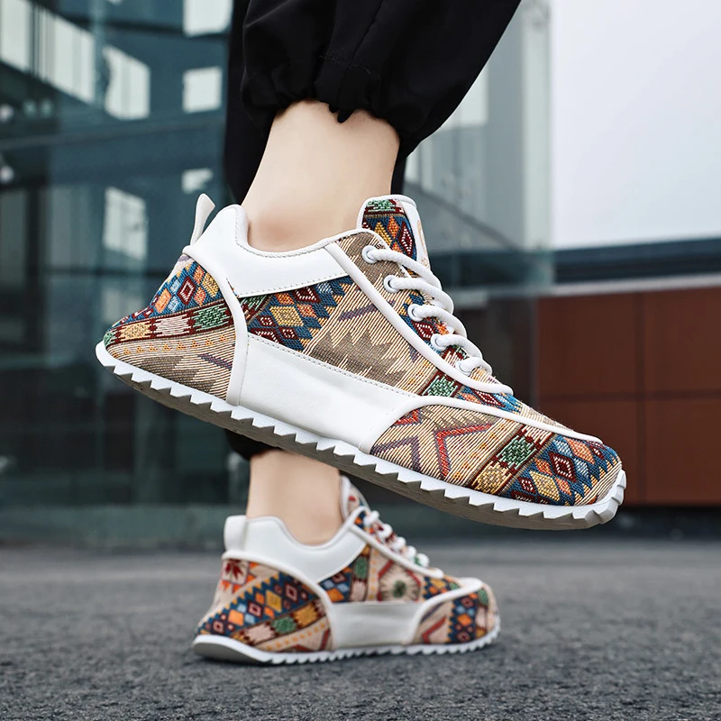 

Men's Casual Sneakers Canvas Print Flat High Top Couple Shoes Non-slip Thick Sole Breathable Loafer Walking Student Shoes Male