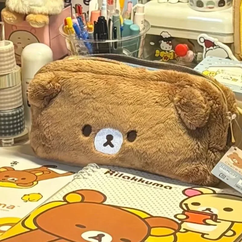 Rilakkuma caso de lápis de pelúcia bonito bordado pequeno urso orelhas de pelúcia saco de maquiagem moda grande capacidade saco de lápis de pelúcia caneta bolsa