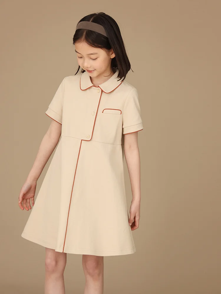 Summer Children\'s Asymmetric placket Polo Turn-down Collar Skirts Preppy Style Cotton Solid Lovely Fashion Modern Designable