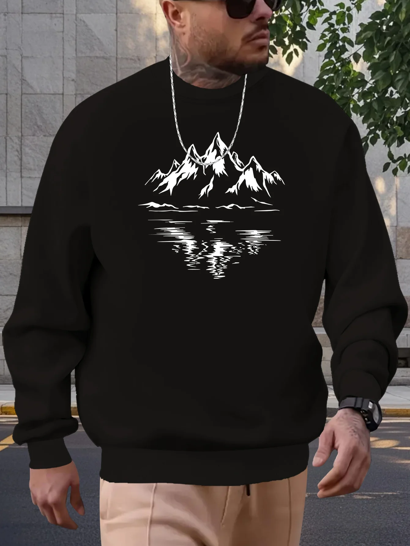 سويت شيرت رجالي بياقة دائرية مطبوع عليه جرافيك Mountain & Reflection - بلوفر أحمر كاجوال بأكمام طويلة، 71% بوليستر 28% مزيج قطن #4