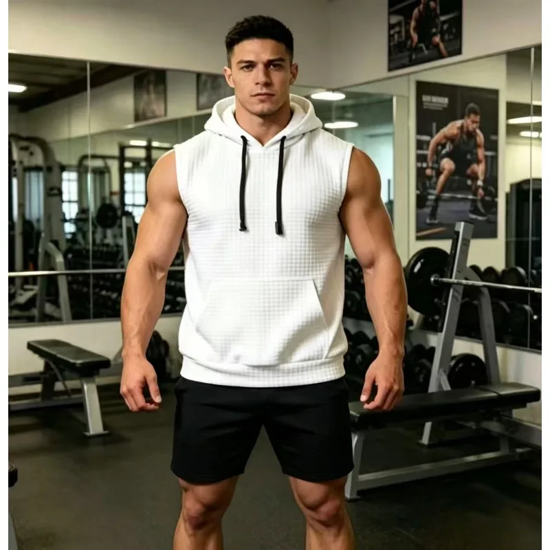 Summer Men Waffle Textured Sleeveless Hooded Pullover Drawstring Kangaroo Pocket Gym Workout Casual Hoodie VestS-3XL