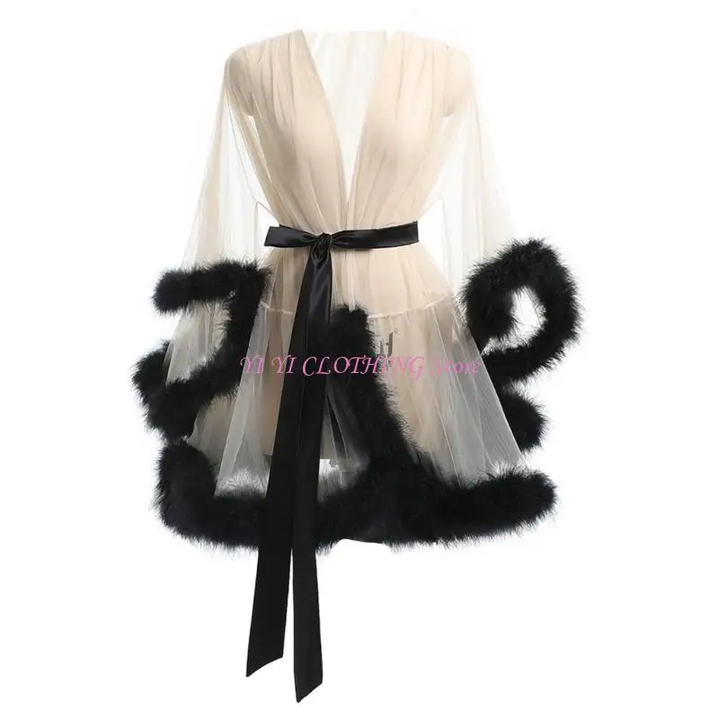

N5KF Faux Furs Trim Sheer Mesh Chemise Lingerie Robe with Satins Belt for Women Nightgown